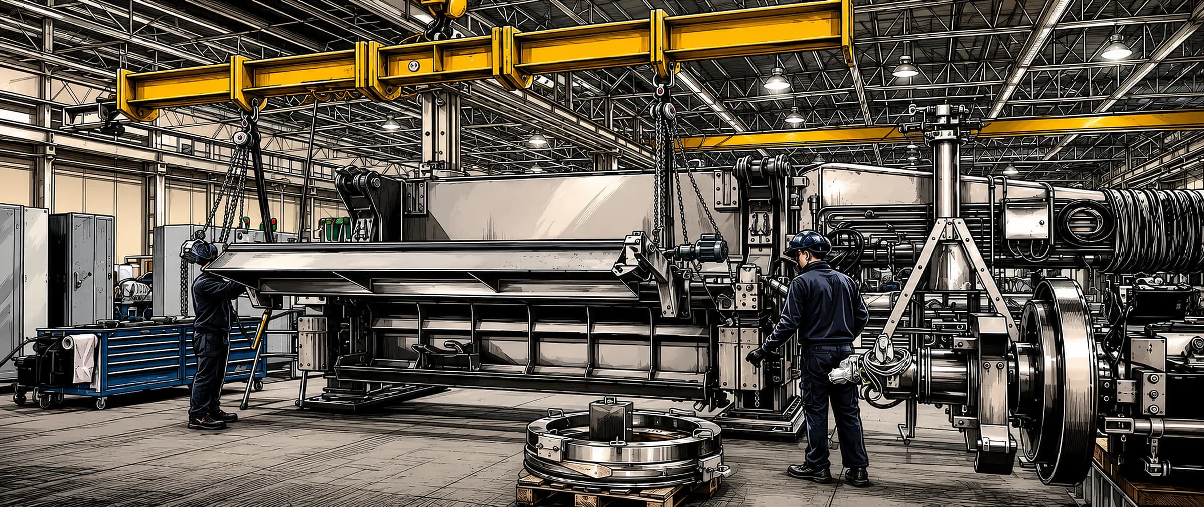 Il montaggio di una macchina in officina: il carroponte la tiene sospesa mentre due montatori lavorano ai due capi