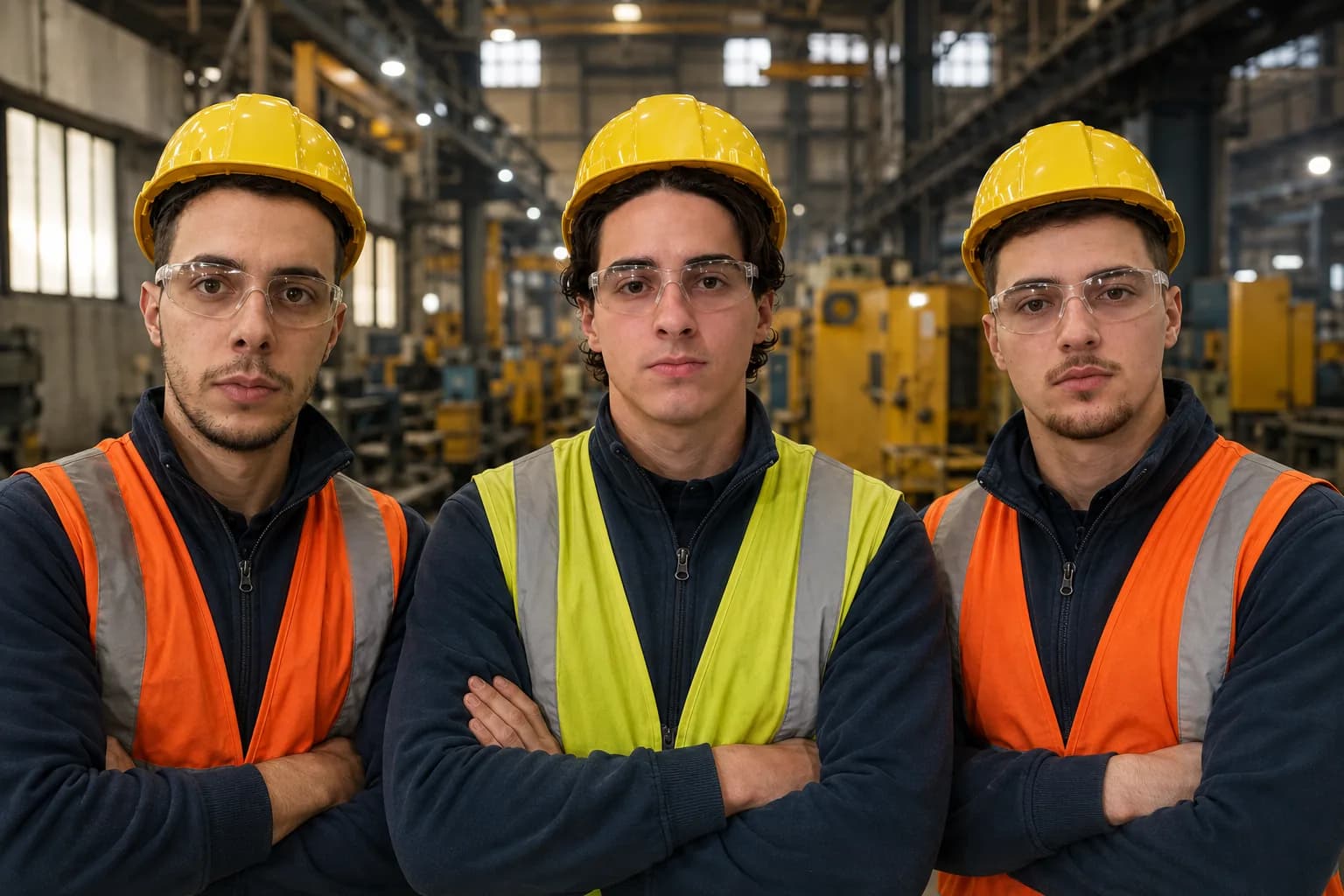 Tre montatori meccanici STEM in reparto, con casco, occhiali e alta visibilità